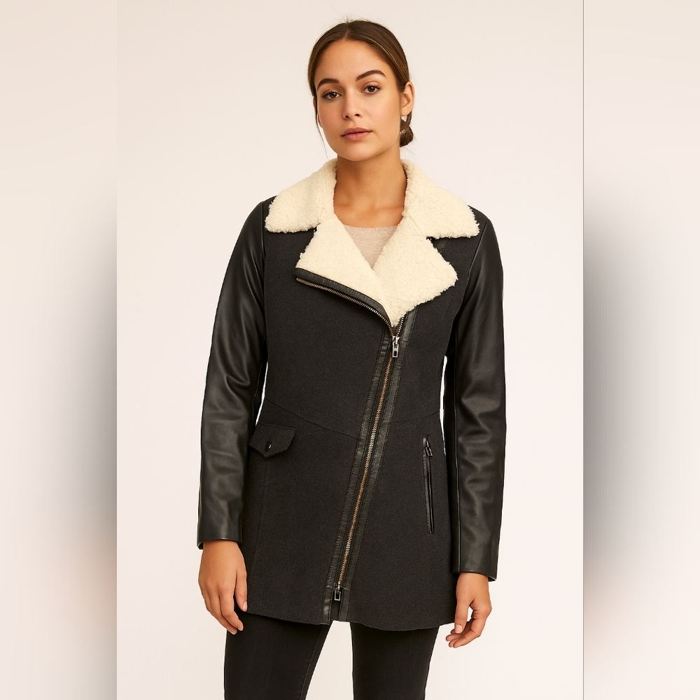 Danier Genuine Leather Wool Moto Coat Shearling Collar Thinsulate XS/S